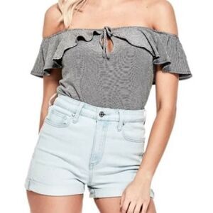 Guess Sandrine Off Shoulder Black and White Striped Ruffled Keyhole Blouse Sz S